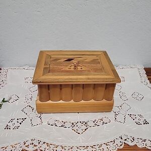 Vintage Wooden Puzzle Box with Hidden Drawer & Inlaid Pyramid Design Mexico